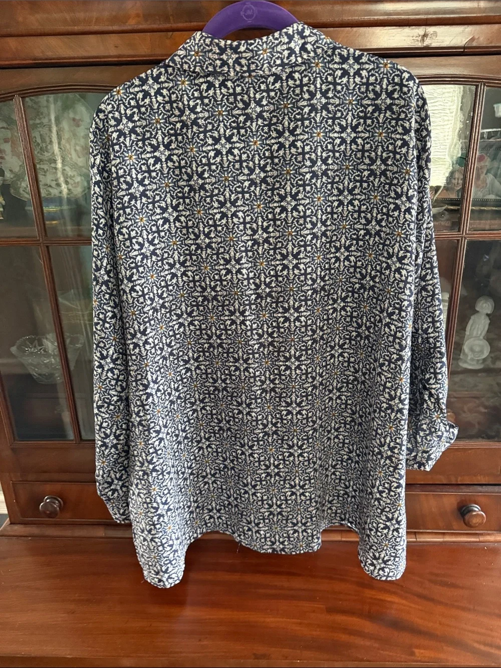 Michael Kors Navy and White Printed Zip-Front Blouse